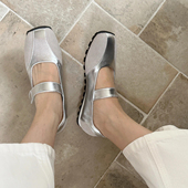 韩版 银色休闲玛丽珍运动鞋 女新款 羊皮版 平底真皮芭蕾舞浅口单鞋