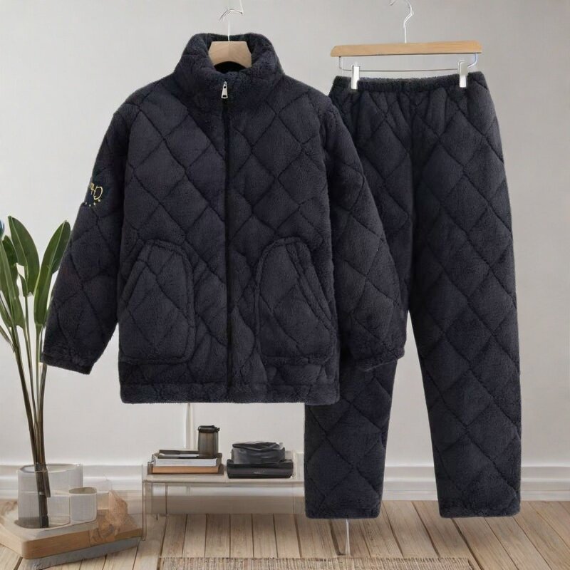 2024冬季男士睡衣三层加厚法兰绒珊瑚绒拉链加绒保暖家居服套装