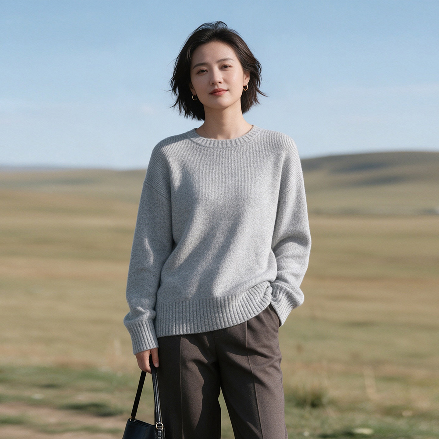 羊毛圆领长袖毛衣2026年秋冬慵懒宽松简约针织衫女休闲通勤多色