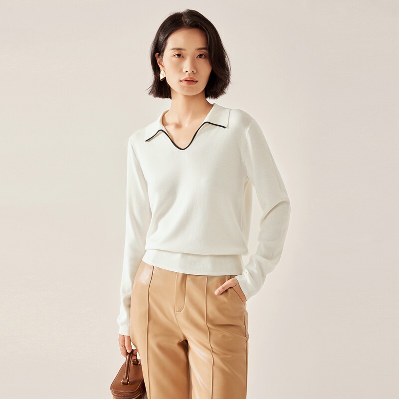 翻领撞边套头长袖针织衫