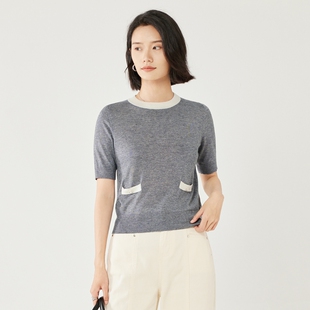 小香风圆领套头针织衫 洛薇雅夏季 打底衫 拼色假两件短袖 新款