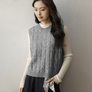 女 羊毛叠穿马甲圆领针织衫 洛薇雅BC同款 重工珠片100%美利奴无袖