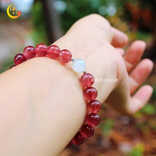 【十里桃花不如你】天然草莓晶手链士多啤梨晶月光石原创设计手串