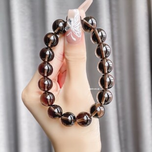 天然原矿晶体烟晶茶晶手串经典圆珠情侣生日礼物高透墨晶手链男女