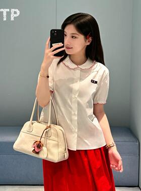 UK南油女装/深圳南油出口版26S春夏时装秀款白红色娃娃领短袖衬衫