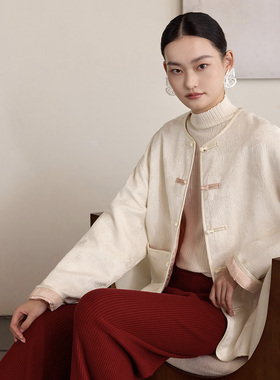 如意连云【云祥】冬新款撞色暗纹提花棉服女新中式盘扣夹棉短外套