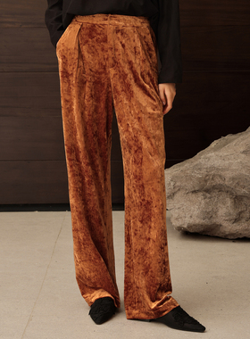 如意连云【柃曦】压花钻石绒休闲裤女新中式国风高腰直筒丝绒裤子