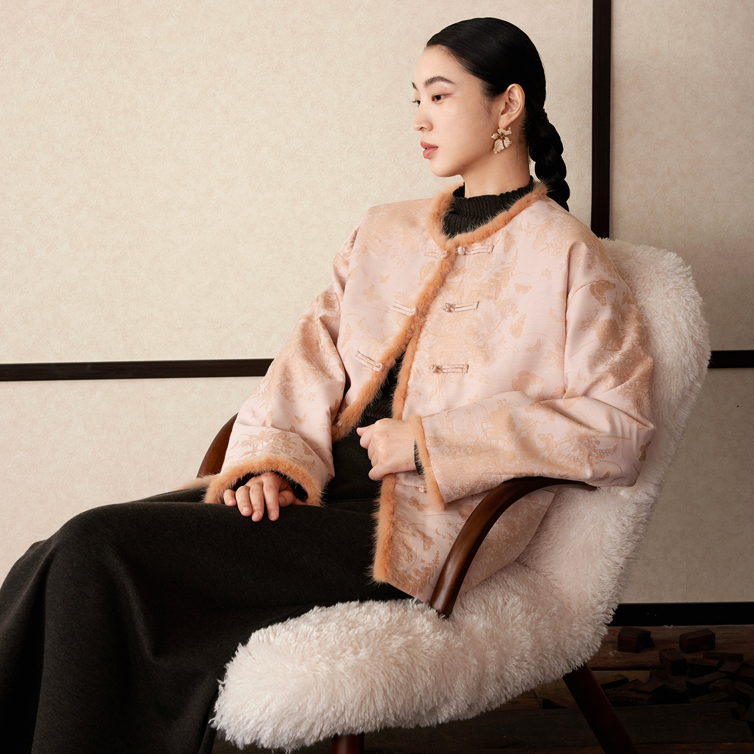 新中式水貂毛拼接棉服