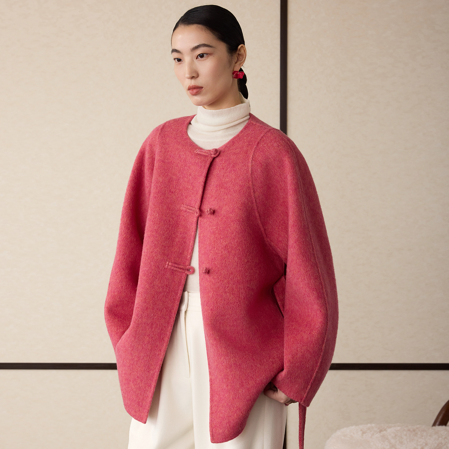 新中式偏襟羊毛花纱双面呢外套