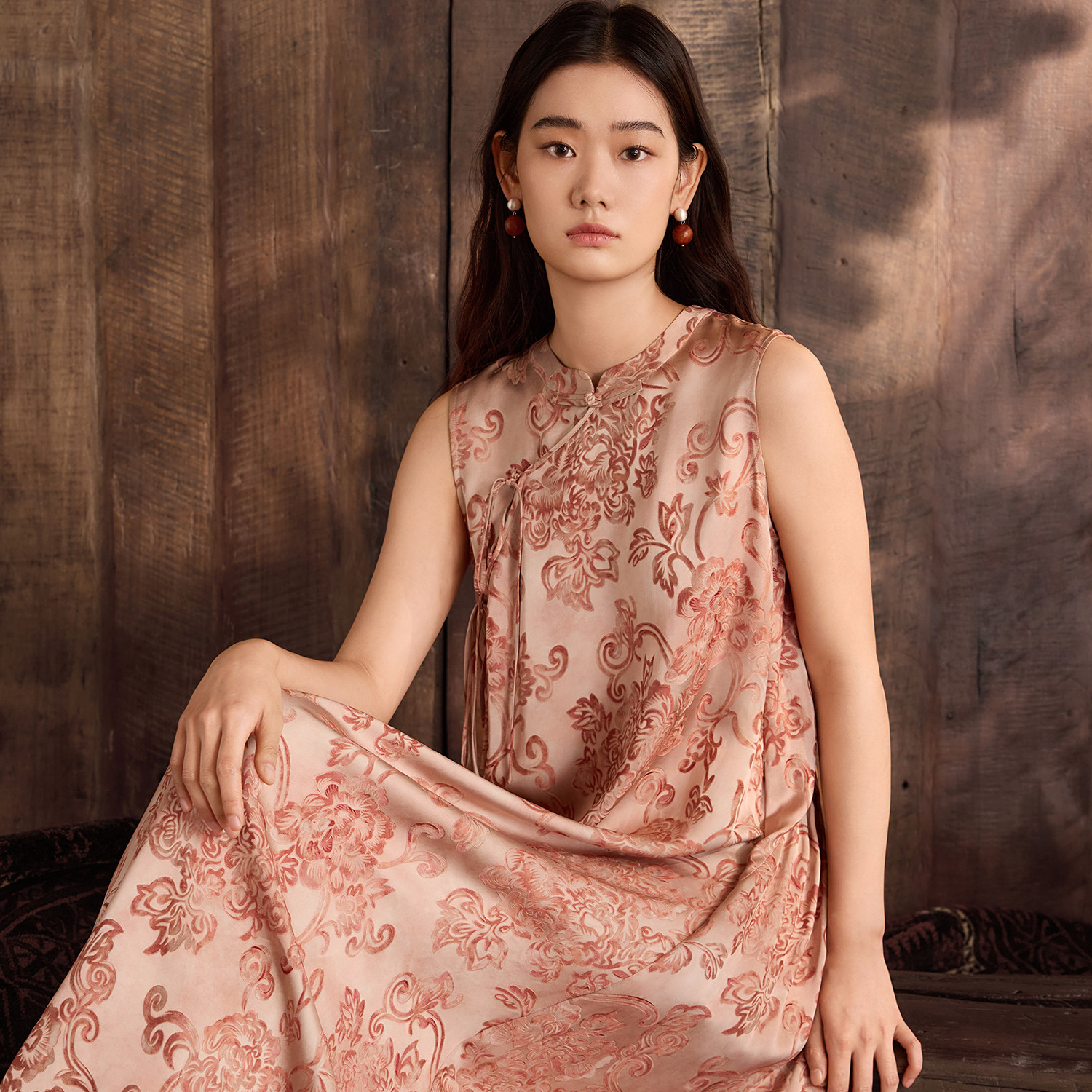 如意连云【念纾】圆领斜襟盘扣系带连衣裙女夏季新款提花印花长裙