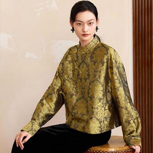 国风口袋盘扣上衣 真丝缎面提花短外套女新中式 如意连云 钰汀