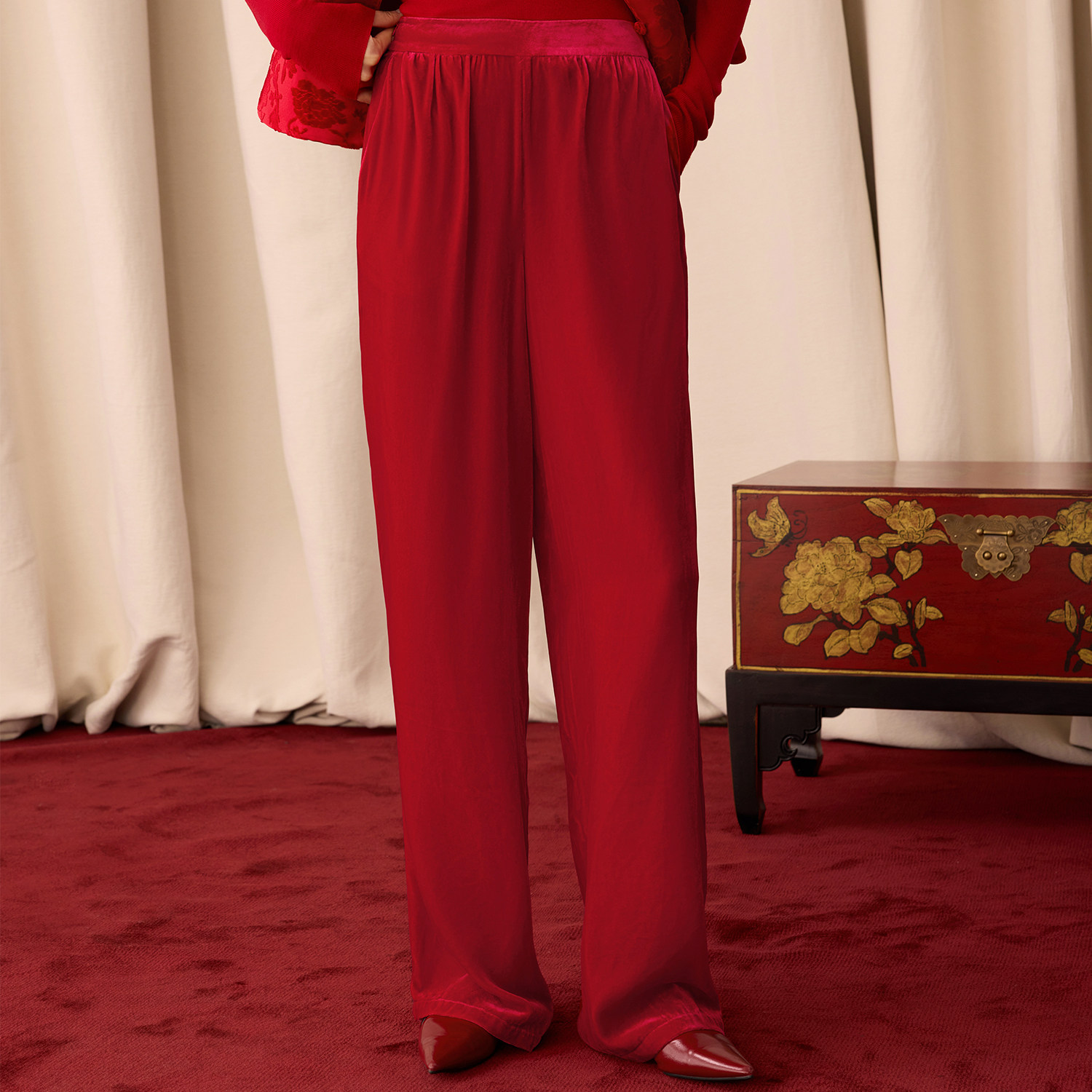 如意连云【兴苒】新年真丝丝绒休闲裤女新中式松紧腰抽褶阔腿长裤