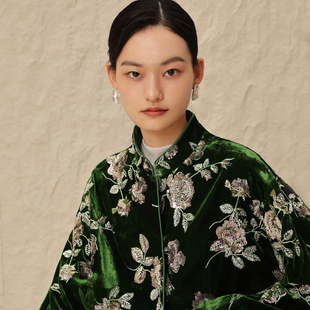 如意连云【珩烁】秋款立领重工珠片绣丝绒短外套女新中式国风上衣