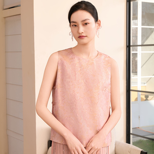 圆领提花马甲女新中式 如意连云 新款 春装 剪花盘扣坎肩背心 青莺