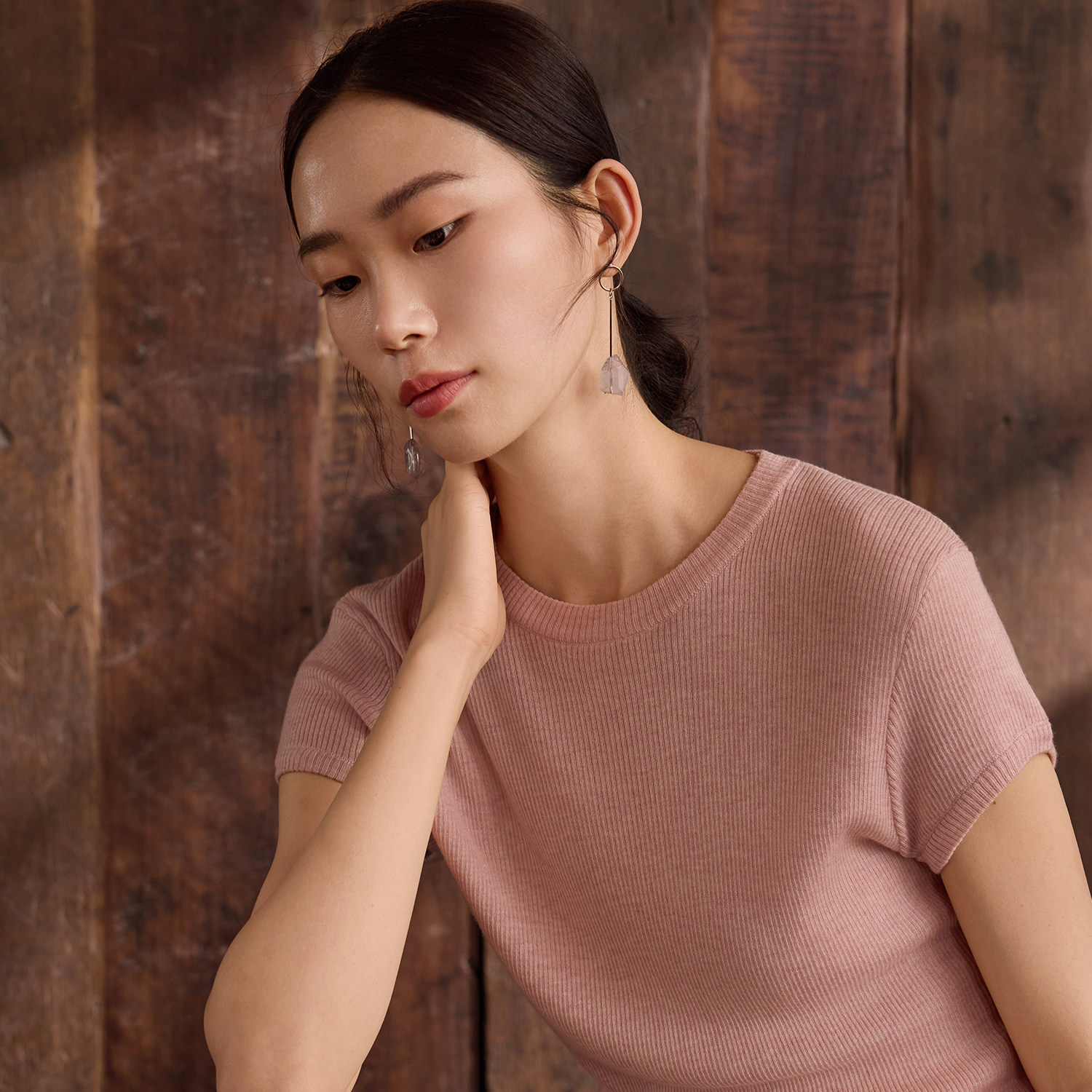 如意连云【熠楚】夏新款圆领螺纹羊毛短袖针织衫女小飞袖T恤上衣
