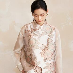 国风口袋金属扣背心 亮丝缎面提花马甲女新中式 如意连云 瑶烨