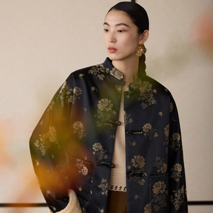 可脱卸袖 如意连云 缎面提花棉服女新中式 冬新款 口夹棉外套 观斐