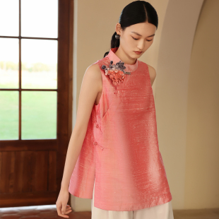 女新中式 如意连云 衬衫 100%真丝双宫无袖 国风撞色盘扣上衣 绯浔