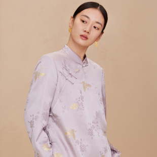 如意连云春秋新款 国风盘扣上衣 斜襟提花桑蚕丝短外套女复古新中式
