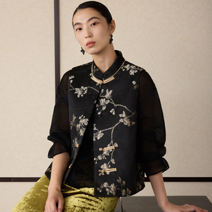 立领提花薄棉马甲女新中式 冬新款 国风盘扣棉背心 春和 如意连云