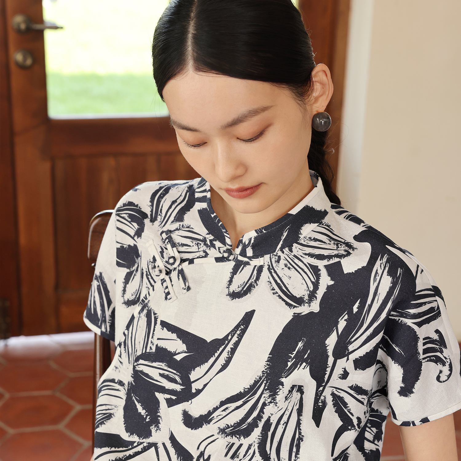 如意连云新中式短袖苎麻印花衬衫