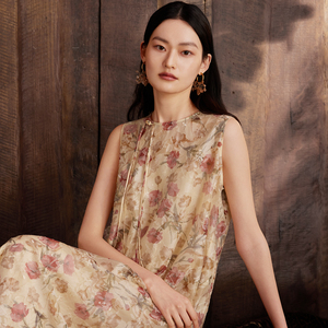 如意连云【姒潞】圆领斜襟剪花绣花印花连衣裙女夏季新款醋酸长裙