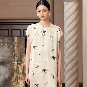 如意连云 春夏新款斜襟盘扣提花飞袖连衣裙女国风新中式复古长裙