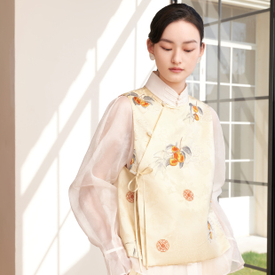 提花缎面刺绣马甲女新中式 春新款 玉石珠盘扣坎肩 悦锦 如意连云