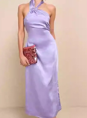 外贸单LU家个性小众设计斜领光滑面料紫色淑女无袖露背优雅连衣裙