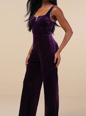 外贸LU家气质钻饰闪闪紫色丝绒质感性感漏胸包臀连体裤长裤有胸垫