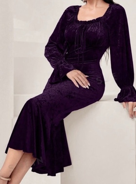 外贸单2024春季新款小洋装名媛高端紫色性感显鱼尾身材气质连衣裙