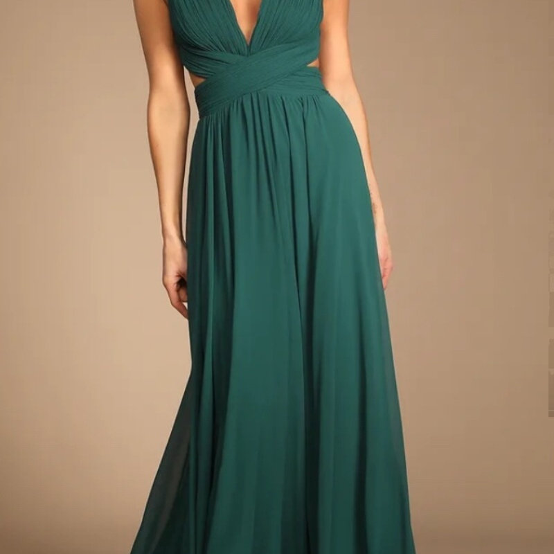 外贸LU家度假飘逸雪纺大摆唯美时尚名媛御姐性感深V领露腰连衣裙