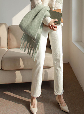 韩版高腰不掉色黑色直筒牛仔裤女小个子显高米白色烟管裤八九分裤