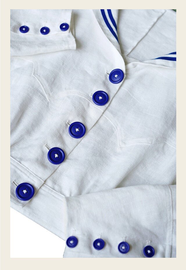 1910년대 | 빈티지 항해복 | 블루 앤 화이트 스트라이프 더블 브레스티드 리넨 탑 + 롱 스커트 | 비스니즈