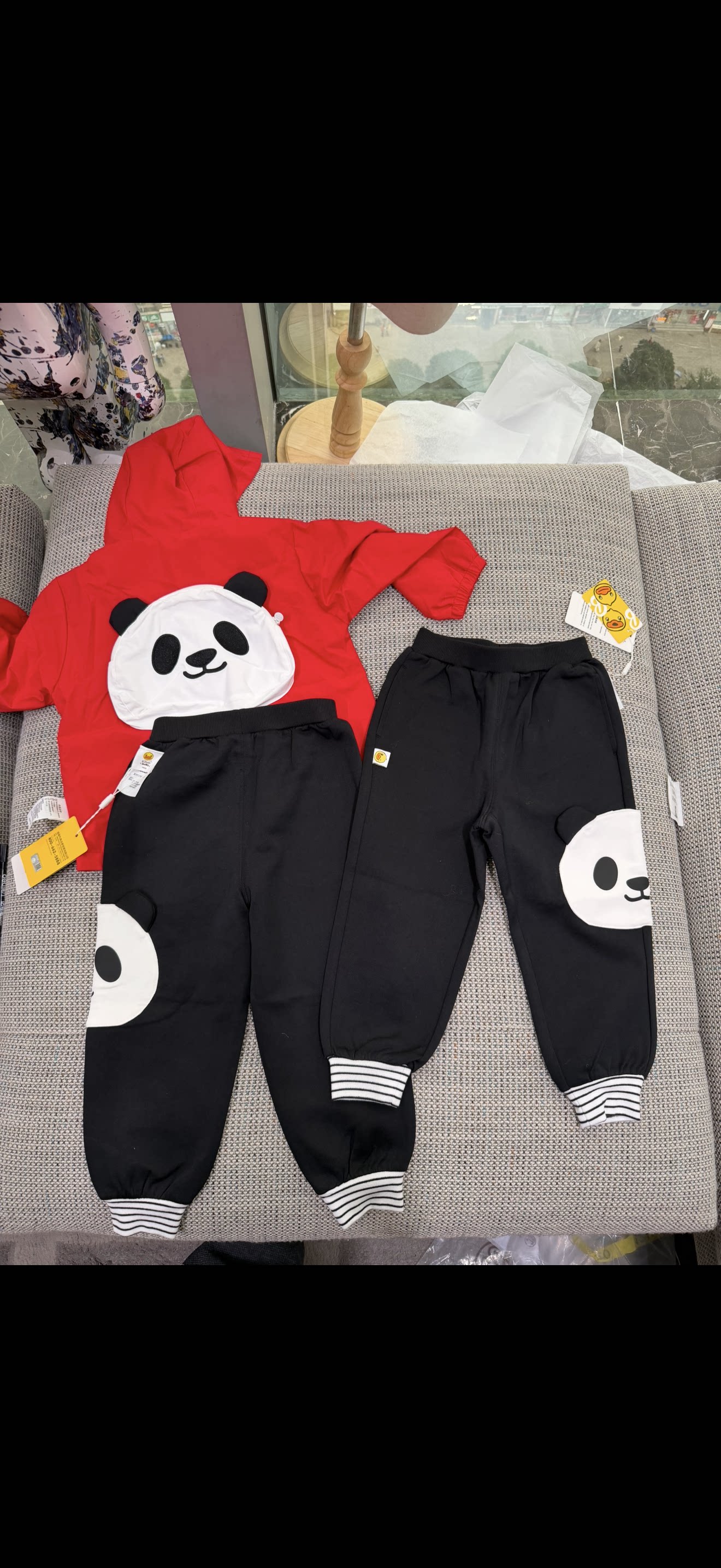 小黄鸭春季新款纯棉卫裤休闲宝宝运动裤1763176卡通熊猫童装裤子