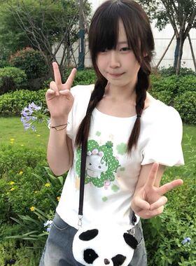 梨屋pearhouse 原创 四叶草宅萌印花泡泡袖短袖t恤纯棉2025