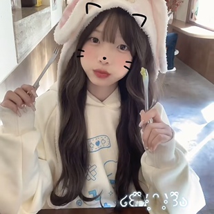 梨屋pearhouse 原创亚文化阿宅风印花连帽加绒卫衣插肩袖宅萌2023