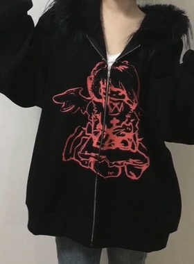 梨屋PEARHOUSE原创  亚文化天使加绒黑色卫衣外套宽松毛领帽2024