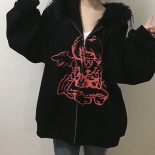 梨屋PEARHOUSE原创  亚文化天使加绒黑色卫衣外套宽松毛领帽2024