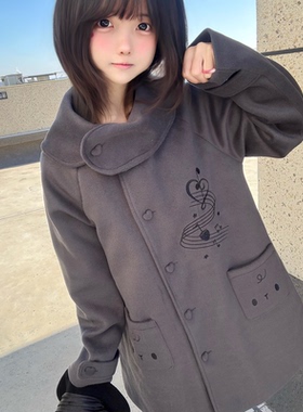 梨屋pear house原创宅萌灰色大衣夹棉中长款外套韩系学院风2025