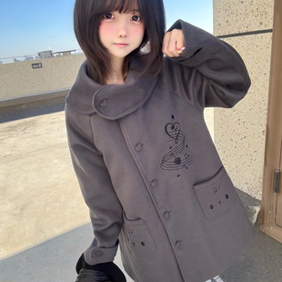 梨屋pear house原创宅萌灰色大衣夹棉中长款外套韩系学院风2025