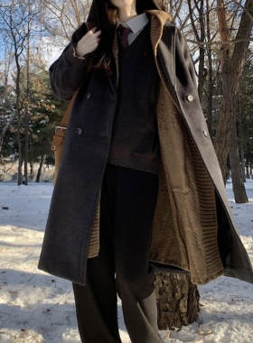 梨屋pear house原创灰色呢子大衣灯笼袖长款外套百搭学院韩风2021