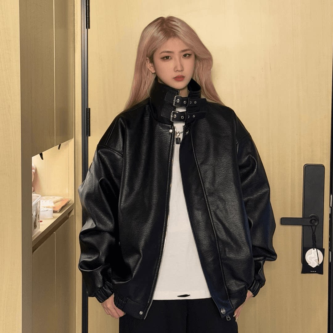 【现货】美式复古PU皮衣夹克男春秋宽松纹理感户外机能服翻领外套