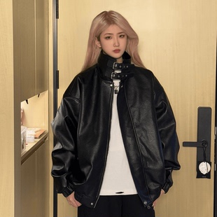 复古PU皮衣夹克男春秋宽松纹理感户外机能服翻领外套 美式 现货