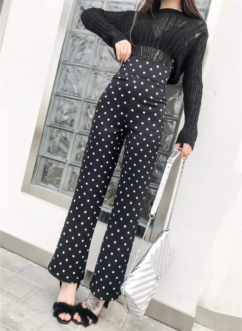 小众高腰修身波点长裤女裤子韩版气质