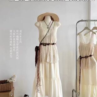 2025夏季新款民族风镂空针织罩衫超仙吊带连衣裙肌理感米色长裙子