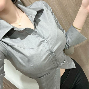 韩国时尚 舒适性感自留性感显身材女人味褶皱翻领气质长袖 衬衫