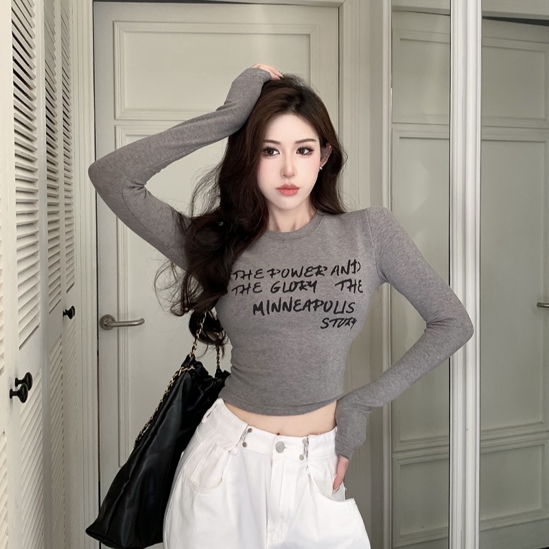 冬季辣妹风字母涂鸦印花修身显瘦短款加绒内搭垫肩打底衫