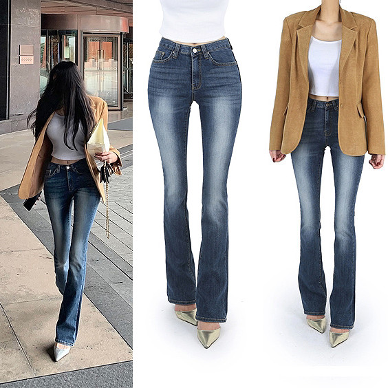 韩国东大门性感女装显身材蓝色系显瘦磨白修身微喇牛仔裤潮