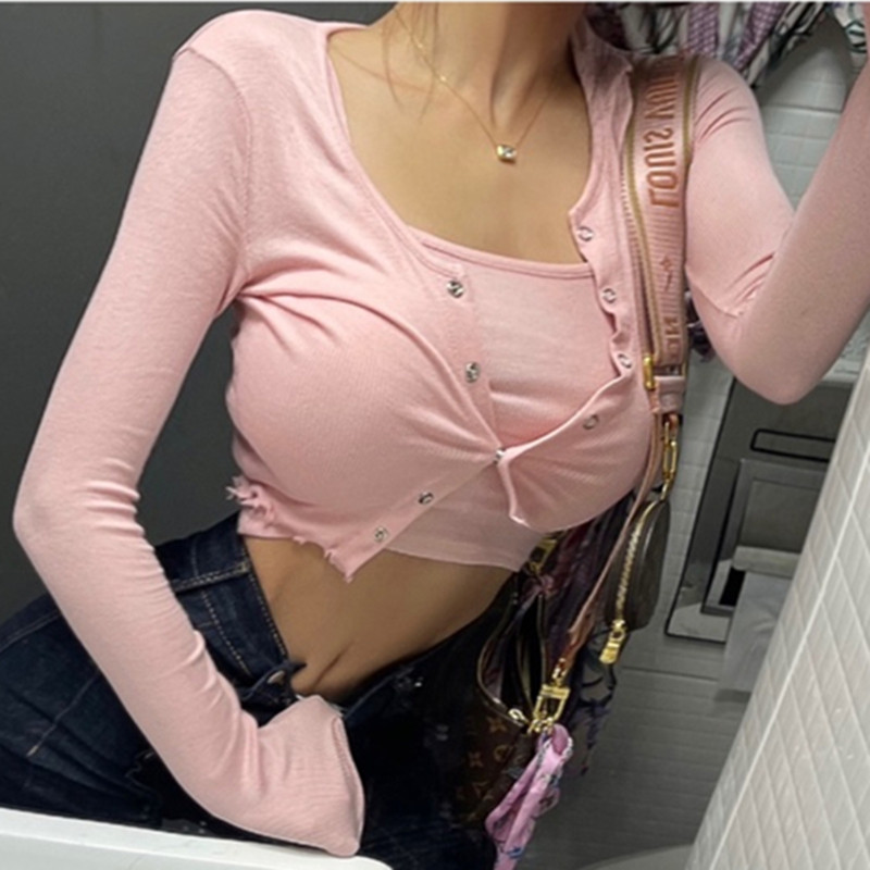 韩国东大门时尚舒适新品潮流女套装紧身性感吊带短款开襟衫两件套